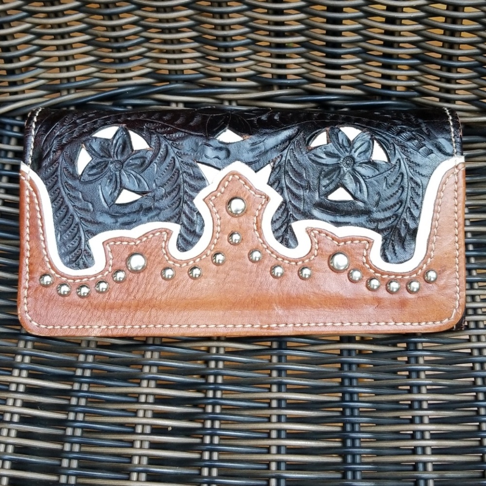 American West Tooled Studded Leather Wallet